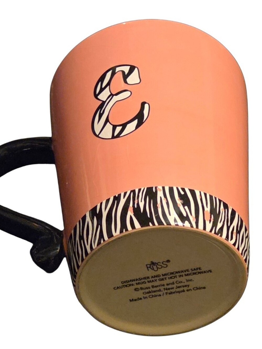 Russ Berrie Initial E Pink Mug Zebra Pattern